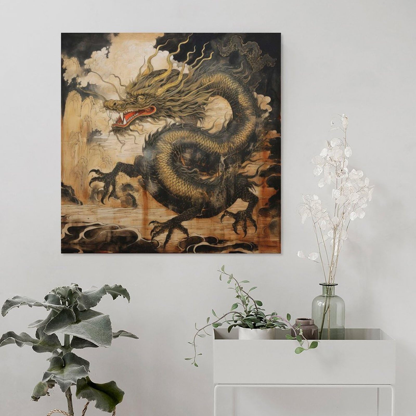 Amazon.co.jp: 金運 龍 ドラゴンの油絵 ポスター ゴールド 竜 風水 魔